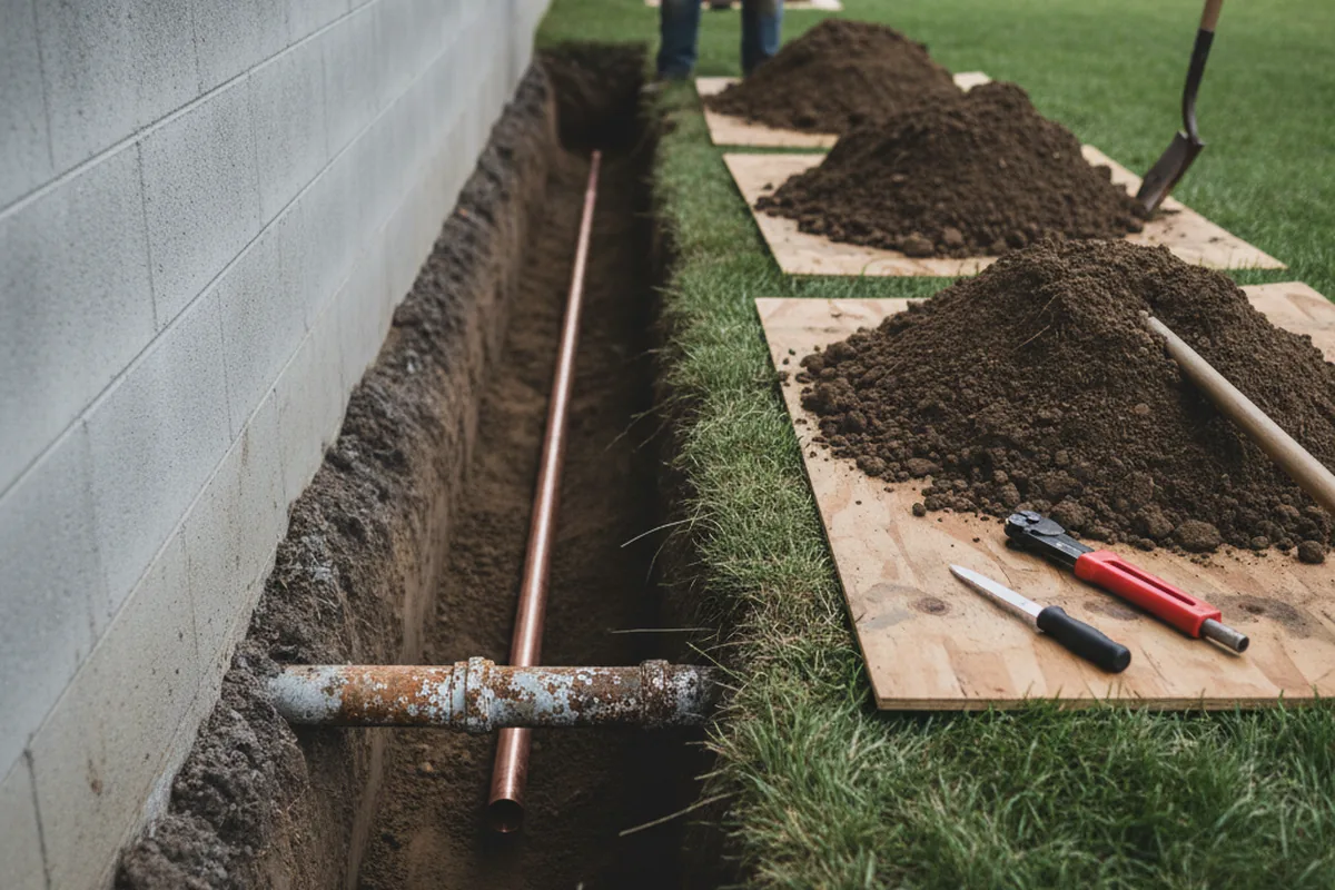 Excavated water line trench during Sewer Line Repair in Watervliet